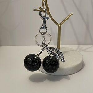 Cherry Resin Bag Charm Key Chain Fob Glitter Black with Silver